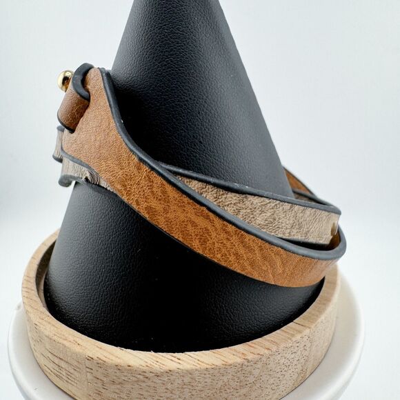 2 Faux Leather Belt Bracelets Ostrich Tan Brown Casual Minimalist Preppy - Picture 9 of 9